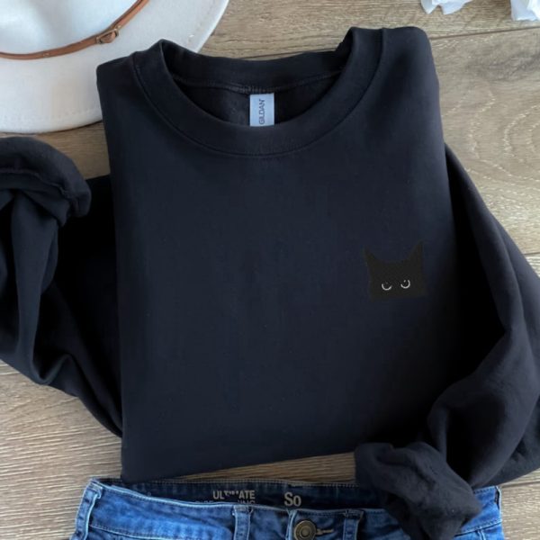 Black Cat Halloween Embroidered Sweatshirt 2D Crewneck Sweatshirt For Family