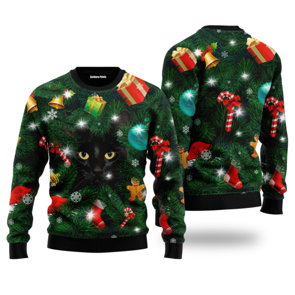 Black Cat Inside Tree Ugly Christmas Sweater For Men & Women