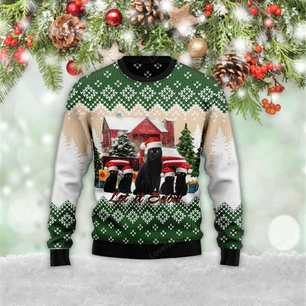 Black Cat Let It Snow 3D Ugly Meowy Christmas 3D Sweater