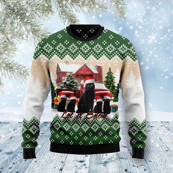 Black Cat Let It Snow 3D Ugly Meowy Christmas 3D Sweater