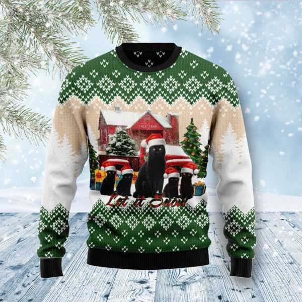 Black Cat Let It Snow Ugly Christmas Sweater, Best Gift For Christmas 2023