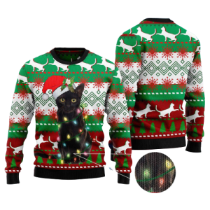 black cat light christmas ugly christmas sweater for men and women.png