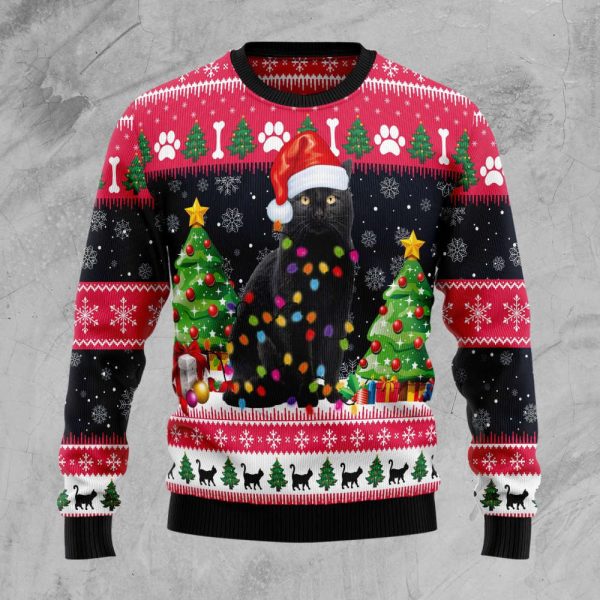 Black Cat Light Ugly Christmas Sweater, Christmas Gift For Cat Lover