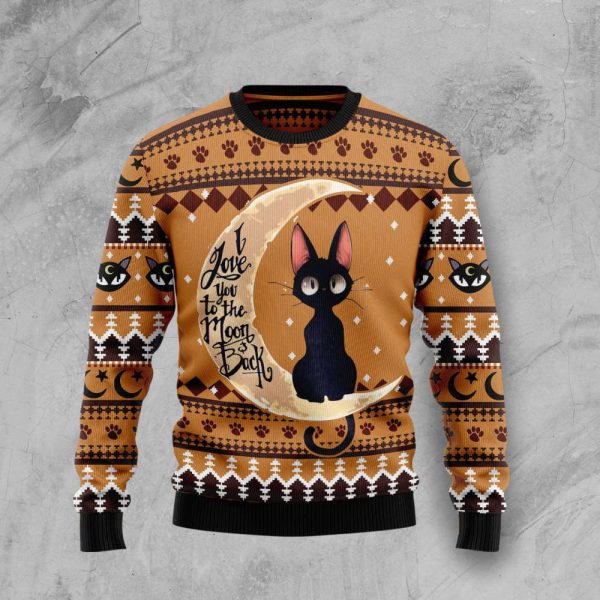 Black Cat Moon And Back Ugly Christmas Sweater, Christmas Gift For Cat Lover