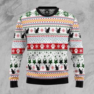 Black Cat Pattern Ugly Christmas Sweater,…