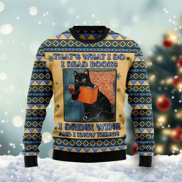 Black Cat Read Books Drink Wine Know Things Ugly Christmas Sweater