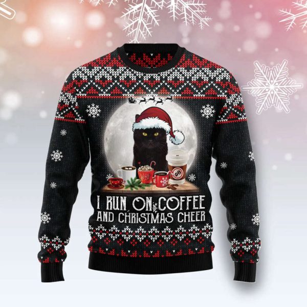 Black Cat Run On Coffee Ugly Christmas Sweater, Gift For Christmas 2023