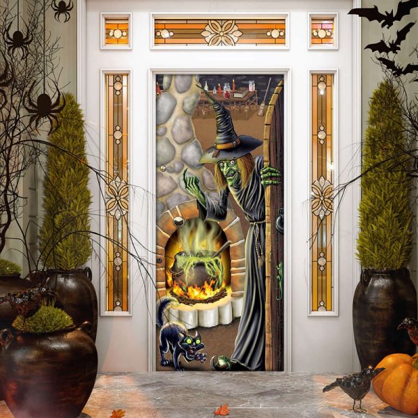 Black Cat Witch Brew Halloween Door Cover Decorations for Front Door