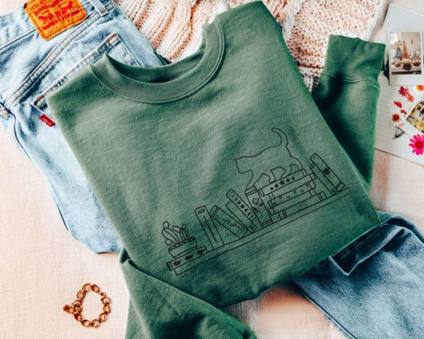 Book Sweatshirt Embroidered Sweater, Cat On Bookshelf Sweatshirt For Cat Lovers