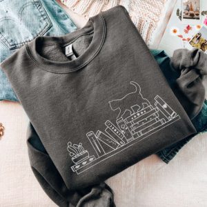 Book Sweatshirt Embroidered Sweater, Cat On…