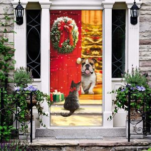 Bulldog Cat Christmas Gift Door Cover:…