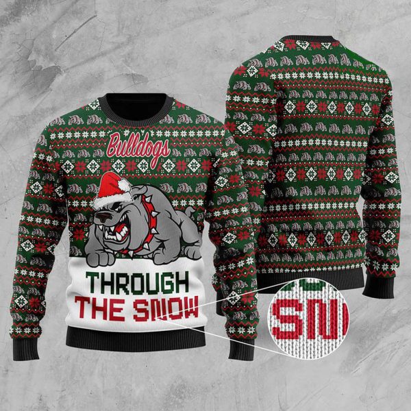 Bulldogs Through The Snow Christmas Ugly Sweater, Gift Christmas 2023