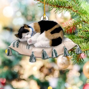 Calico Cat Sleeping On Pillow Ornament…