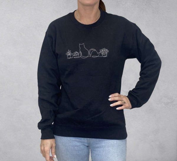 Cat And Plants Embroidered   Sweatshirt 2D Crewneck Sweatshirt For Men And Women
