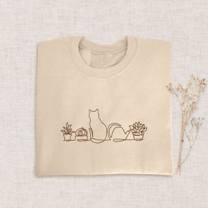 Cat And Plants Embroidered Sweatshirt 2D…