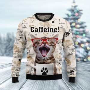 Cat Caffeine H Ugly Christmas Sweater,…