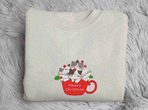 Cat Christmas Embroidered Sweatshirt, Christmas Sweatshirt For Men And Women