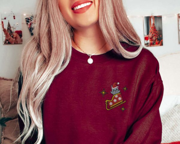 Cat Christmas Sweatshirt Embroidered Christmas Kitty Sweater For Cat Lovers