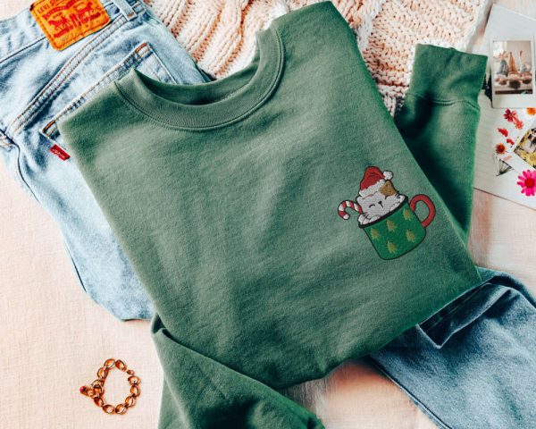 Cat Christmas Sweatshirt Embroidered Coffee Christmas Sweater, For Cat Owners