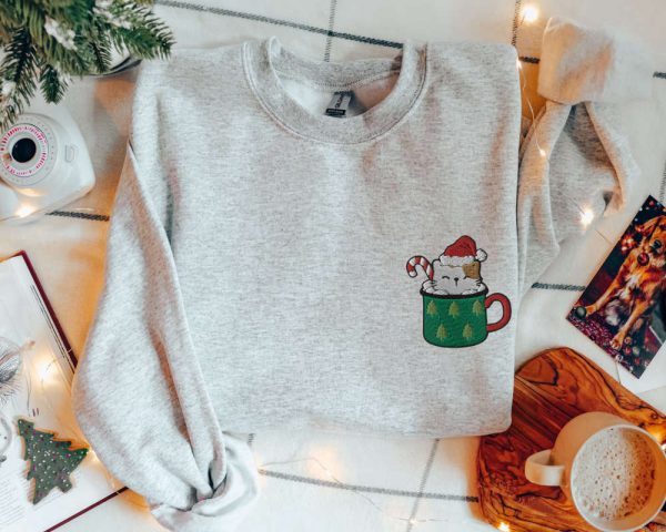 Cat Christmas Sweatshirt Embroidered Coffee Christmas Sweater, For Cat Owners