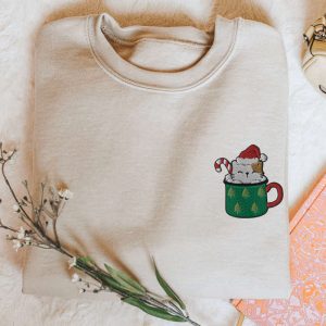 Cat Christmas Sweatshirt Embroidered Coffee Christmas…