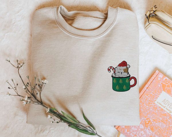 Cat Christmas Sweatshirt Embroidered Coffee Christmas Sweater, For Cat Owners