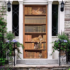Whimsical Cat in Book Library Door…