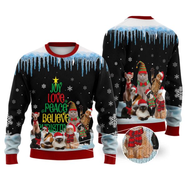 Cat Joy Love Peace Believe Ugly Christmas Sweater, Best Gift For Christmas