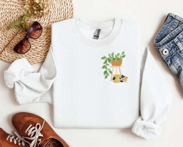 Cat Plant Pot Embroidered Sweatshirt 2D Crewneck Sweatshirt For Men Women