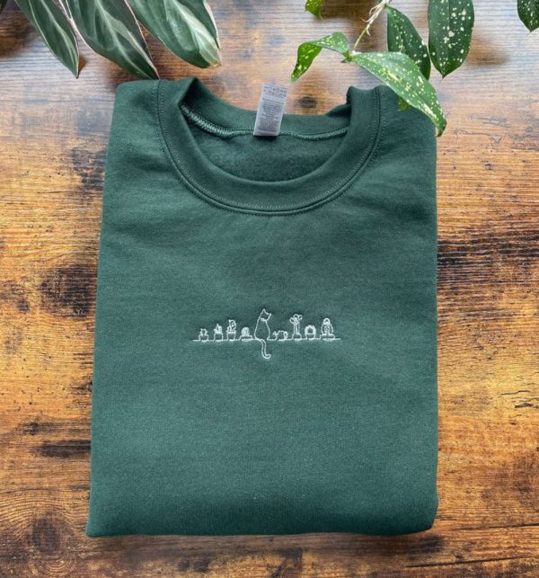 Cat Sitting On A Shelf With Plants Embroidered Sweatshirt 2D Crewneck Sweatshirt For Men Women