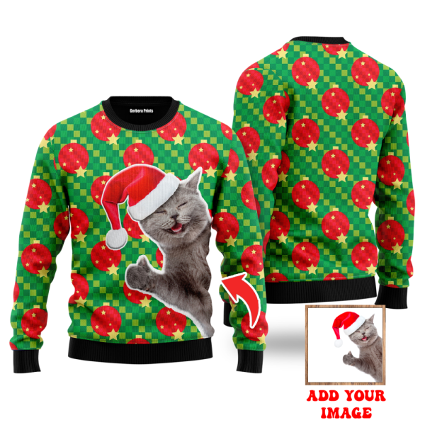 Cat With Red Hat And Christmas Ball Custom Christmas Sweaters For Men & Women