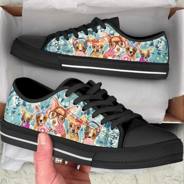 Chihuahua Dog Flowers Pattern Turquoise Low Top Shoes Canvas Sneakers