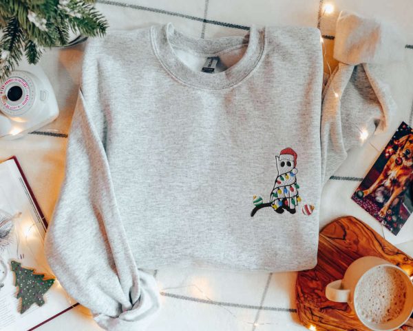 Christmas Cat Ghost Embroidery Sweatshirt, Meowy Christmas Sweater For Family