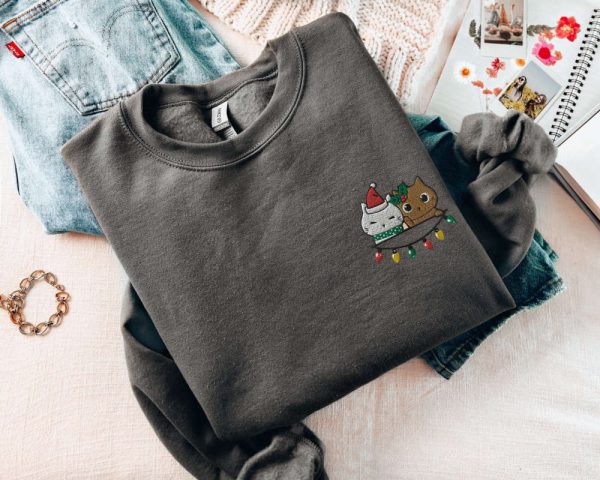 Christmas Cat Sweatshirt Embroidered, 2 Peeping Cats In Xmas Joy Pullover, For Cat Lovers