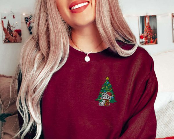 Christmas Cat Sweatshirt Embroidered, Cute Kitten Waiting For Xmas, For Cat Lovers