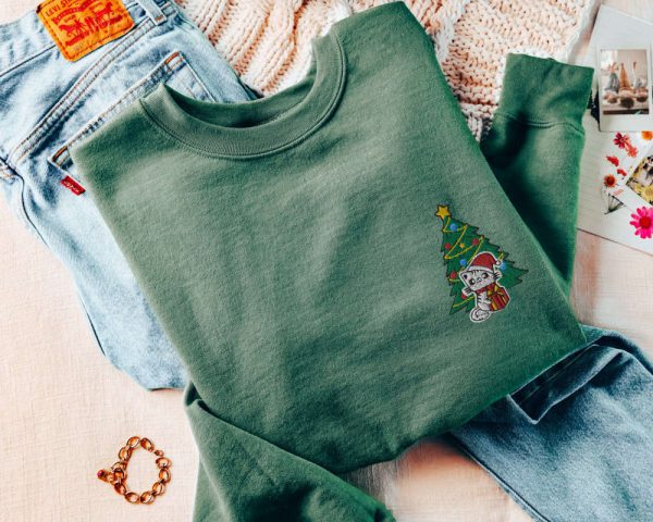 Christmas Cat Sweatshirt Embroidered, Cute Kitten Waiting For Xmas, For Cat Lovers