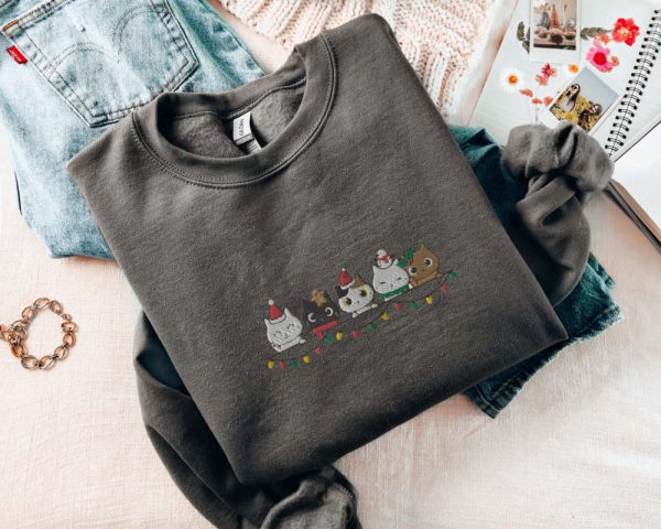 Christmas Cat Sweatshirt Embroidered, Cute Row Of Kittens Ready For Cat Lovers