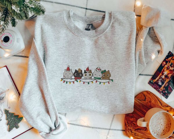 Christmas Cat Sweatshirt Embroidered, Cute Row Of Kittens Ready For Cat Lovers