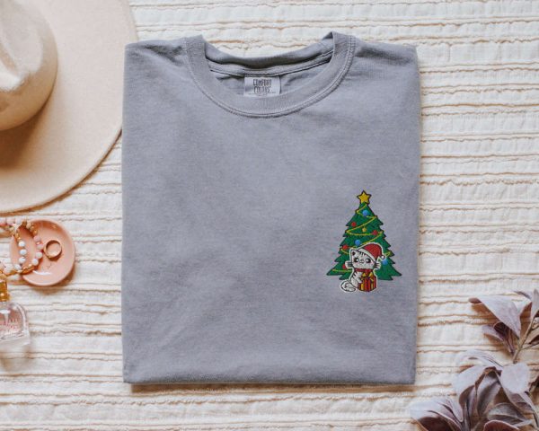 Christmas Cat Sweatshirt Embroidered, Kitten Waiting For Xmas, For Cat Lovers