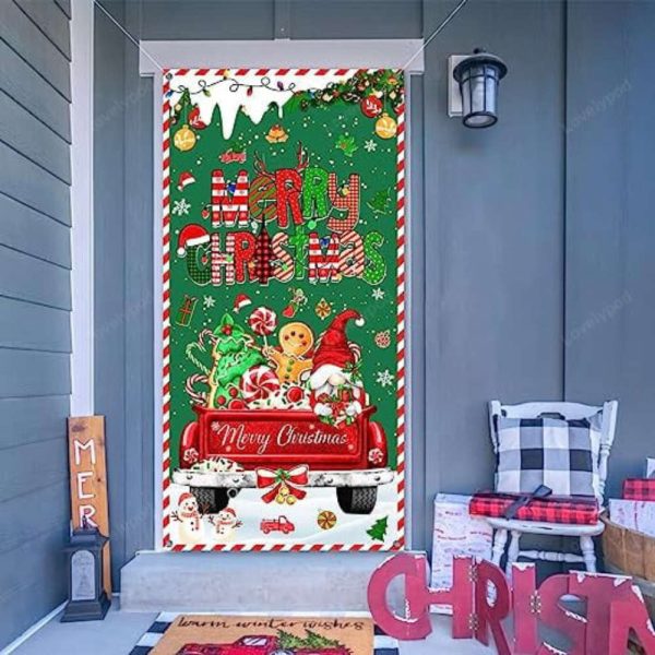 Christmas Red Truck Door Cover Decorations with Gnome & Gingerbread