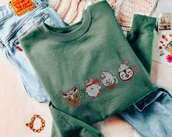 Christmas Sweatshirt Embroidered Xmas Coffee Cups Sweater, Gift For Christmas