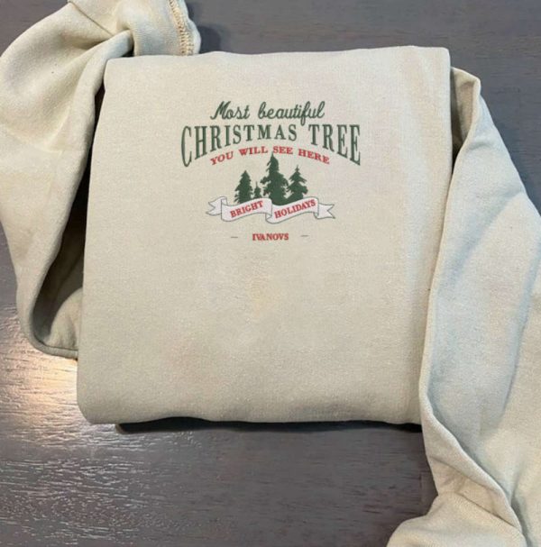 Christmas Tree Embroidery Sweatshirt, Embroidery Crewneck Sweatshirt For Family