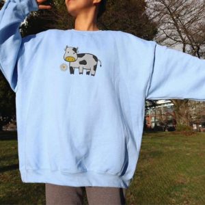 Cow Embroidered Sweatshirt 2D Crewneck Sweatshirt…