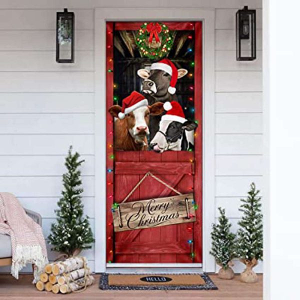 Funny Cow Merry Christmas Door Cover – Festive Cow Home Decor