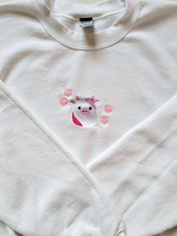 Cow Pink Embroidered Sweatshirt 2D Crewneck Sweatshirt Gift For Family