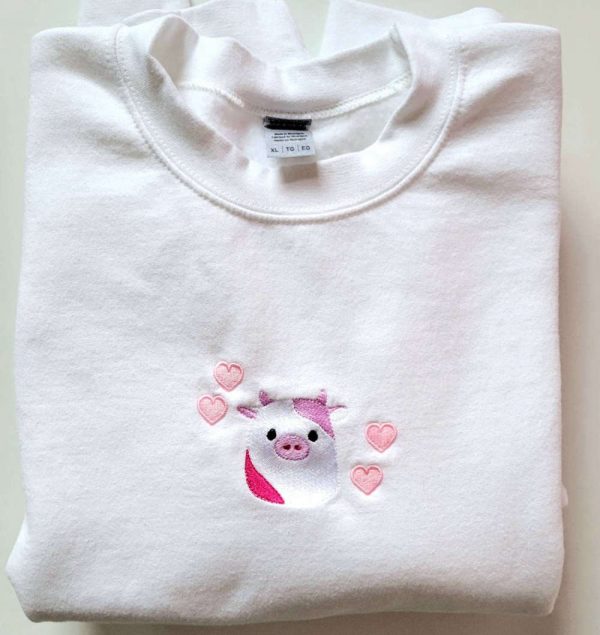 Cow Pink Embroidered Sweatshirt 2D Crewneck Sweatshirt Gift For Family