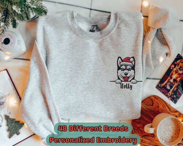 Custom Christmas Dog Embroidered Sweatshirt, Personalized Xmas Sweater For Dog Lovers