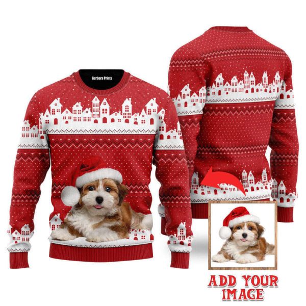 Custom Funny Photo Dog On Vintage Red Xmas Custom Christmas Sweaters For Men Women