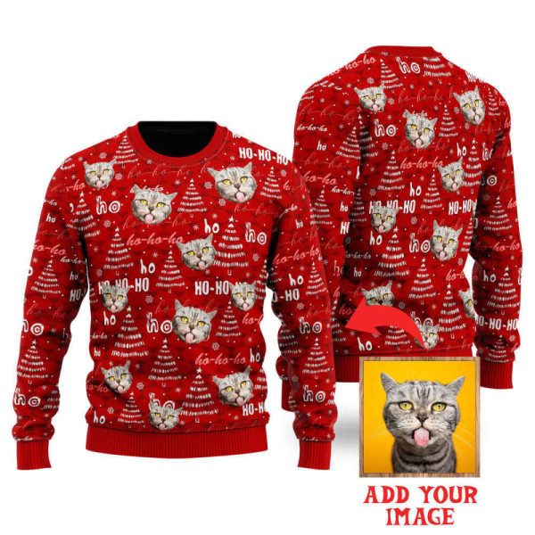 Custom Photo Funny Cat On Red Custom Christmas Sweaters For Men & Women