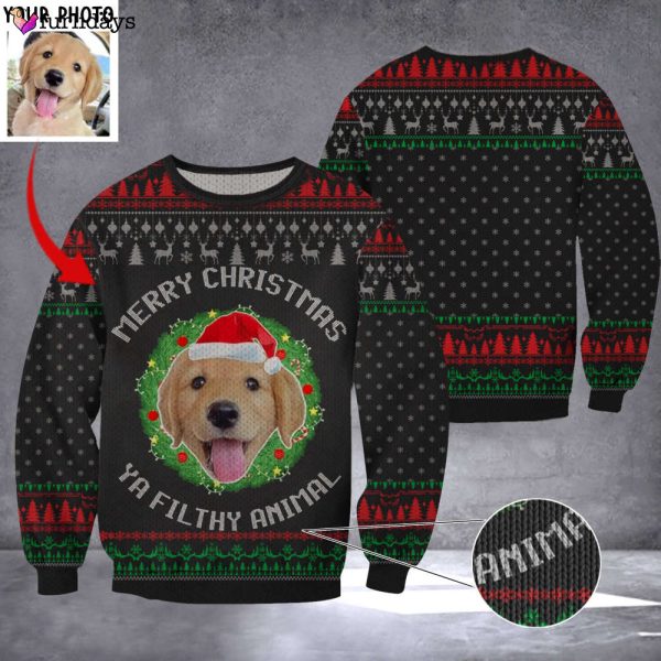Custom Photo Golden Retriever Merry Christmas Ya Filthy Animal Sweater Dog Owner Xmas Sweater